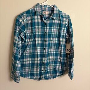 NWT SO Kids' girls Blue and White Plaid Button Down Shirt school fall flannel